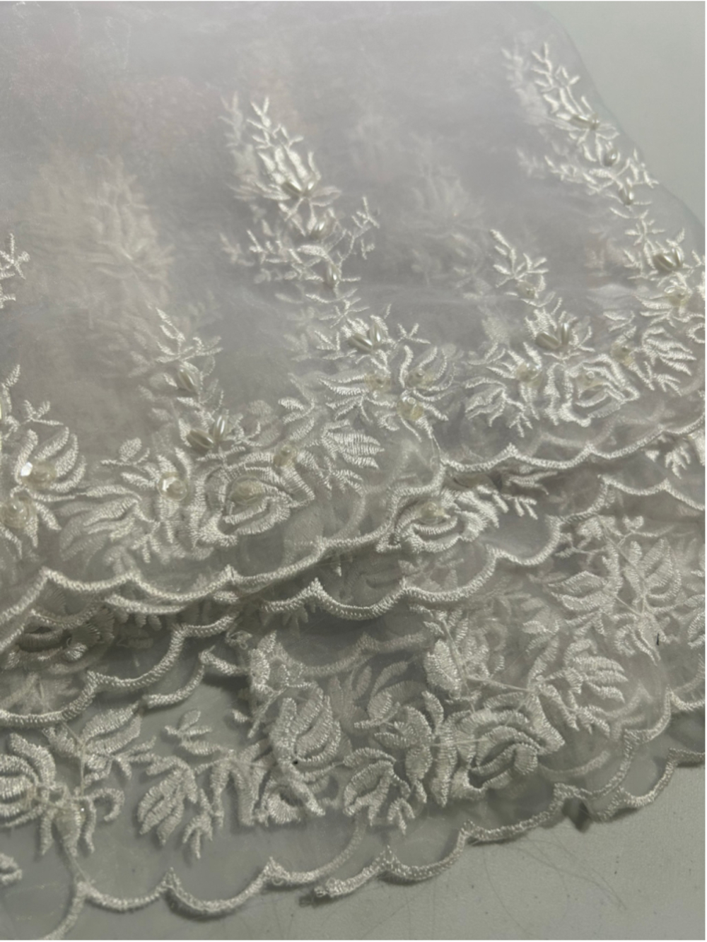 Fabric: 1 Yard 12” Lacy, Pearl Sheer Fabric